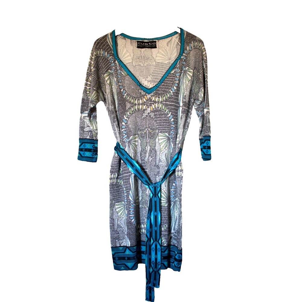 Custo Barcelona Knitwear Gray Blue Metallic Art Deco Geometric Belted Dress Sz M